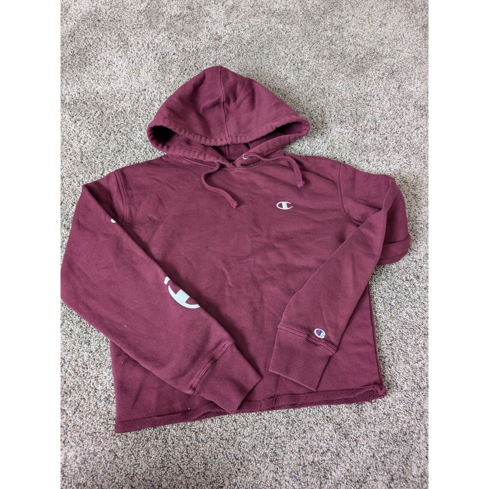 Champion Maroon Cropped Hoodie Script Sleeve Logo Sweatshirt Burgundy Small‎
